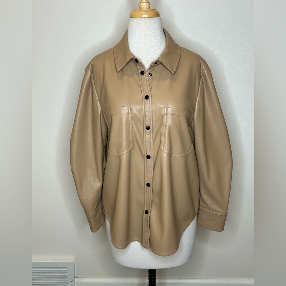 Jonathan Simkhai Classic Tan Vegan Leather Shirt Jacket Size M Snap Front